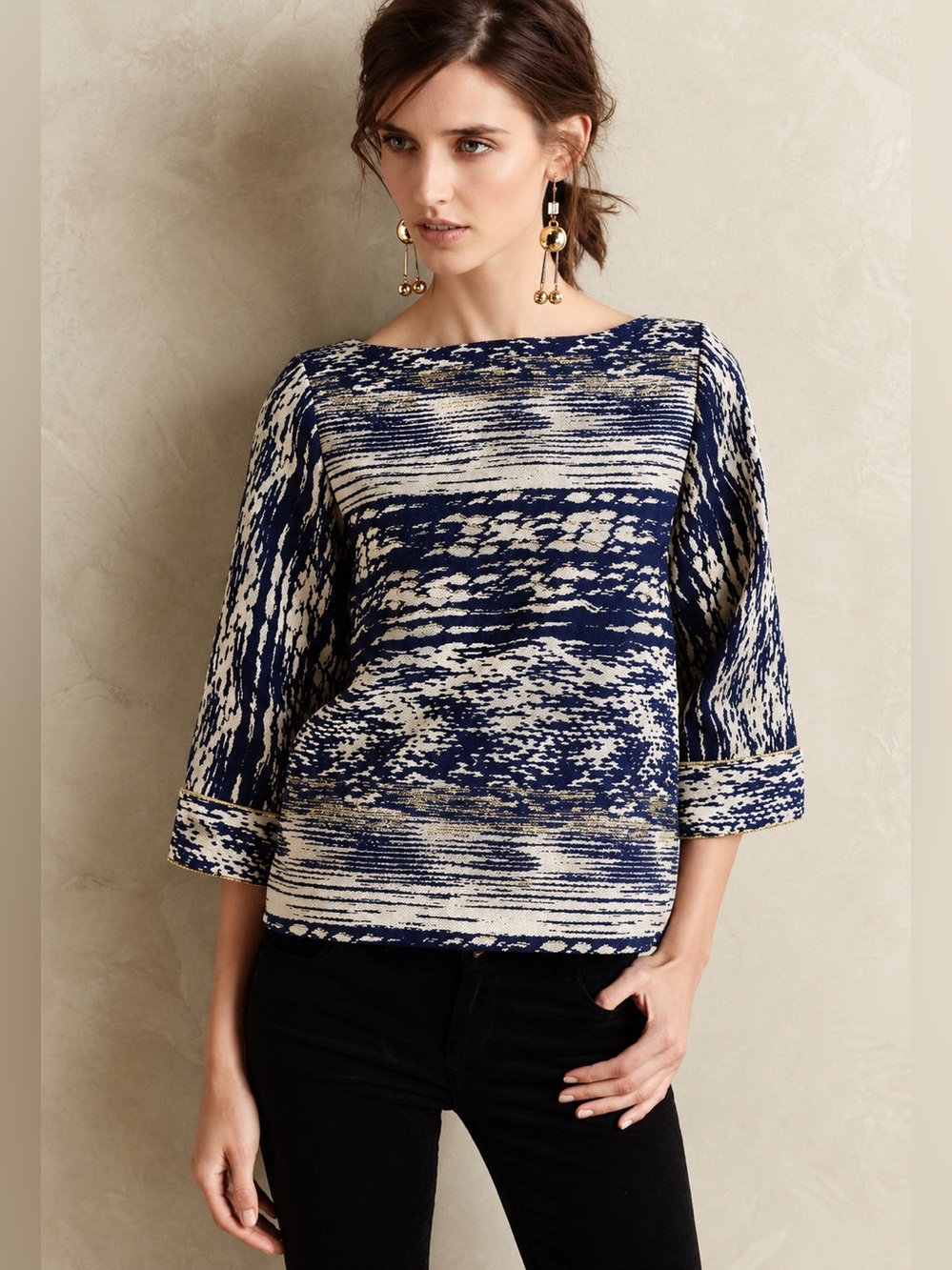 Lauren Moffatt Blue Gold Metallic Jacquard Boatneck Blouse Size L Made in NYC